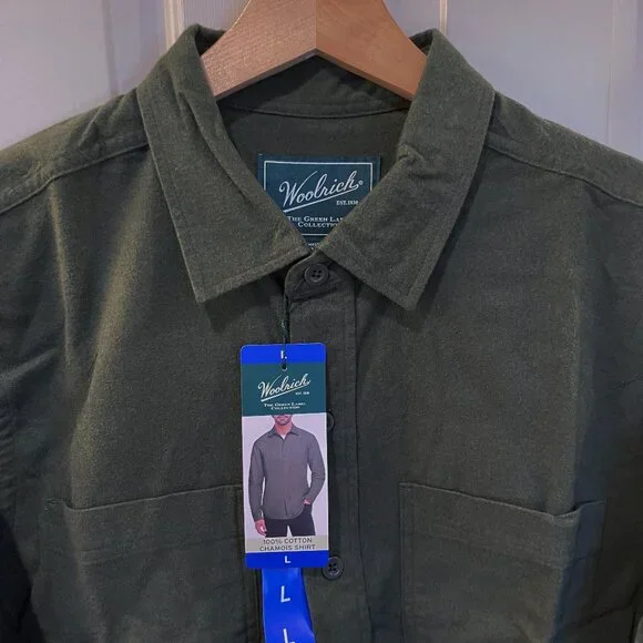 WOOLRICH Chamois Men 100% Brushed Cotton Button Up Long Sleeve Shirt Green L NEW - Picture 6 of 11